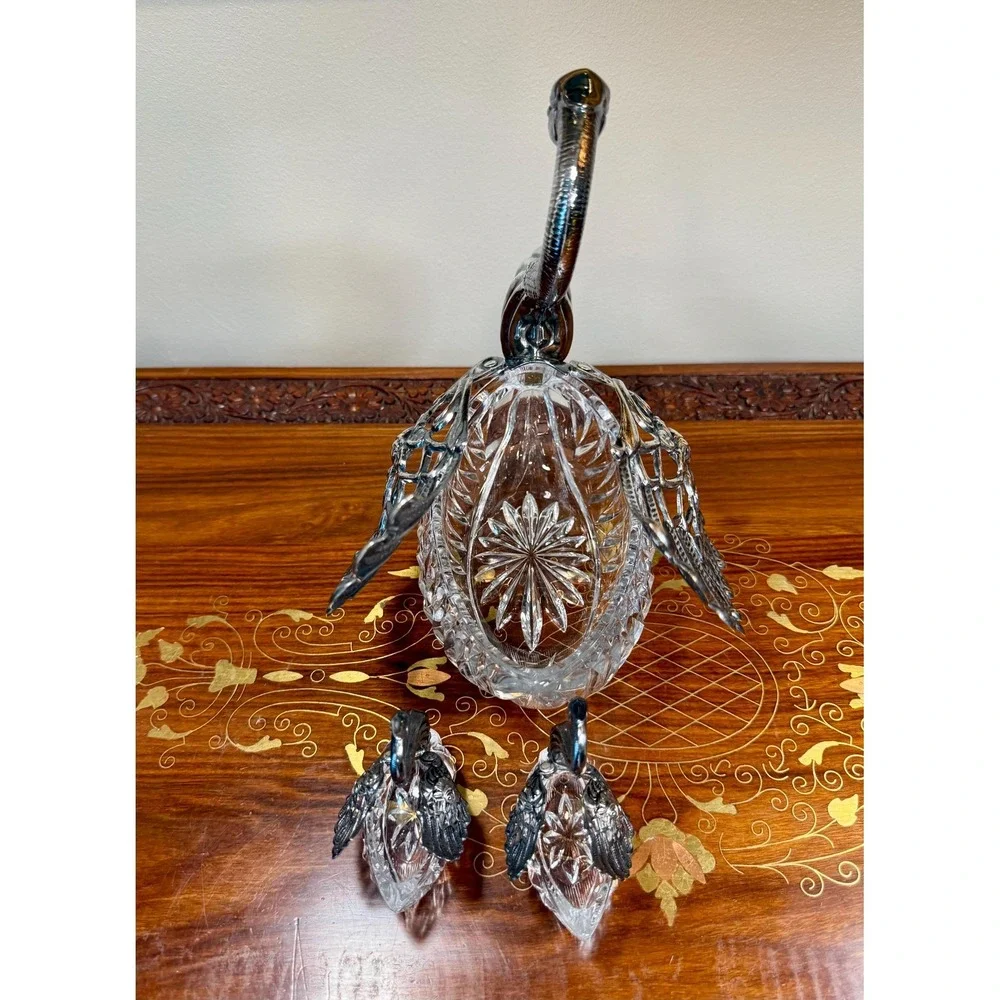 Vintage 3-Piece Crystal Swan Set Centerpiece Bowl with 2 Salt Cellars